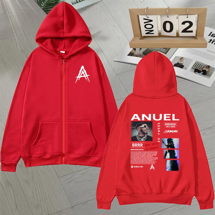 High Quality Zipper Hoodie Rapper Anuel AA Graphic  Double Sided Print Album Fleece Zip Up Sweatshirt Men Women Pullover Unisex