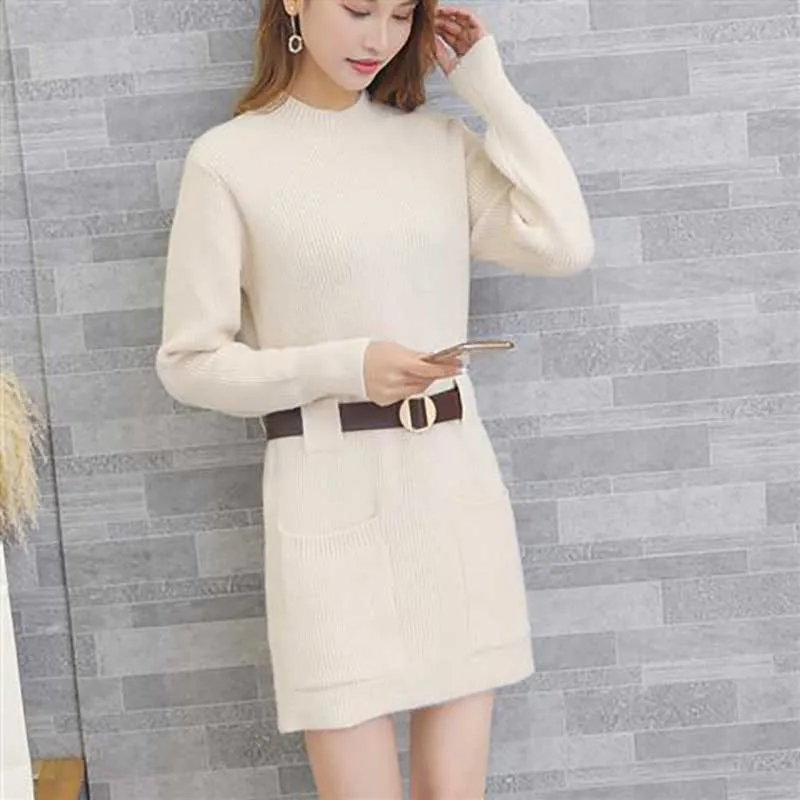 Fashion Stand Collar Pockets Solid Color Sashes Casual Dresses Women's Clothing 2023 Winter Loose Knitted Commuter Mini Dress