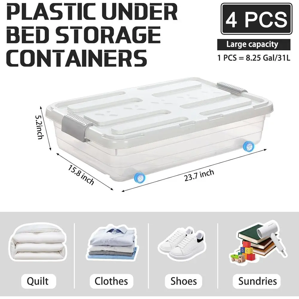 Grandes caixas de armazenamento de plástico transparente com rodas e tampas para uso embaixo da cama, ideais para roupas, sapatos e cobertores (23,7 x 15