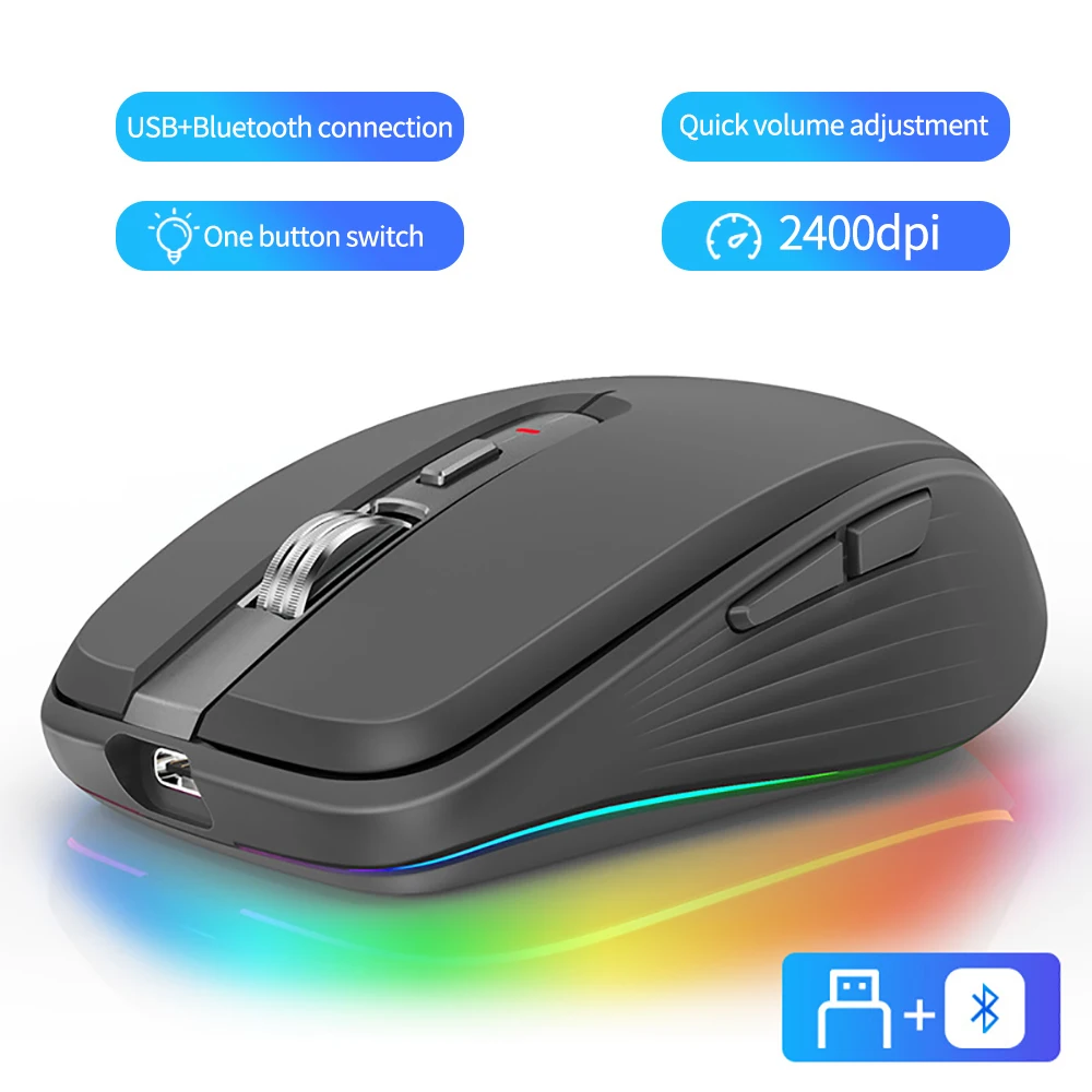 

Dual Mode Rechargeable 2.4G Wireless Bluetooth USB Mouse RGB Mute Mouse For Windows Mac IOS Android Laptop Tablet Phone PC