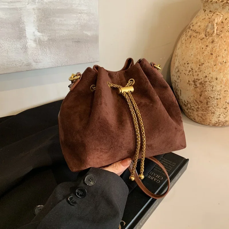 

Retro Brown Khaki Small Bucket Bag For Women Fashion Daily Shoulder Bag Crossbody Party Handbags Autumn Winter bolsa feminina