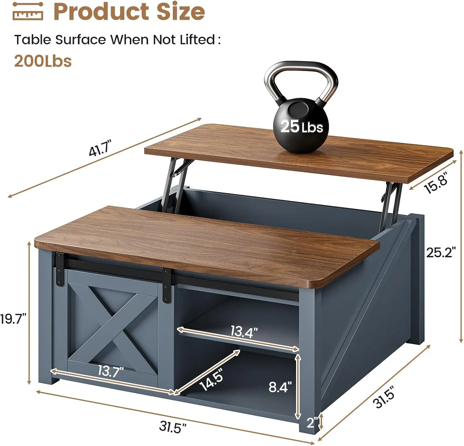 31.5" Lift TopSquareCoffeeTable (Blue) - Farmhouse Style with Large Hidden Storage & Adjustable Shelves, Perfect for Living Room