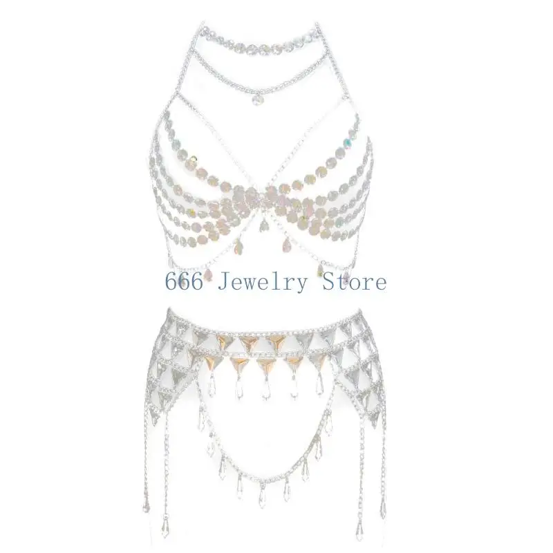 F2TD Body Waist Chain Skirt and Crystals Bra Top for Stylish Women and Girls