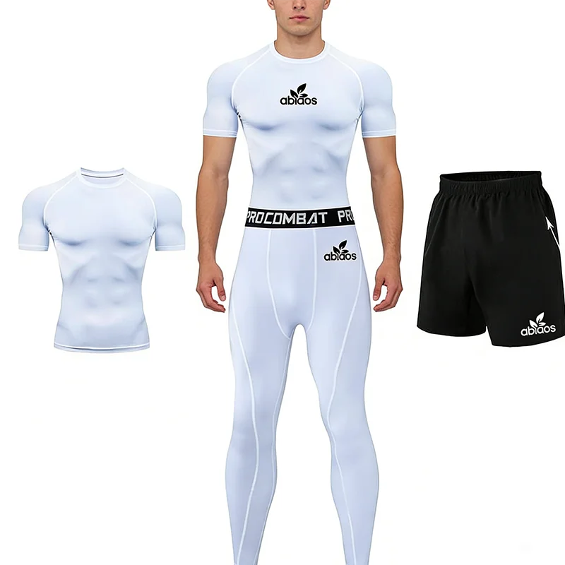 2025 جديد الأبيض الرجال قميص ضيق ضيق ، السراويل المرنة عادية تنوعا رياضة الجري تنفس التجفيف السريع الرجال ثلاث قطع مجموعة