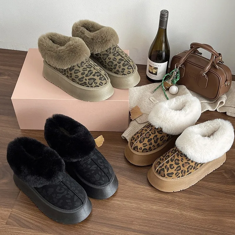 Thick-soled Woolen Boots Women 2024 Winter New Leopard Soft Sole Plus Cashmere Warm Cotton Shoes