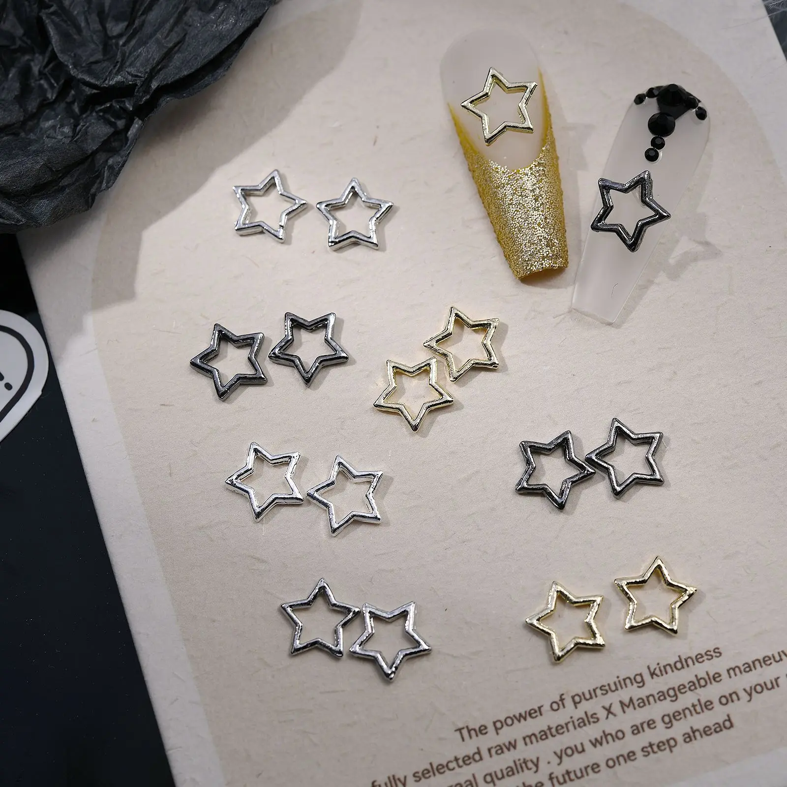 سحر مسمار نجمي معدني مجوف ، ذهبي ، فضي ، مسدس أسود ، أبيض-K اللون ، ديكور فن الأظافر ثلاثي الأبعاد ، لوازم مانيكير قديمة الصنع ، 9x9 ، 20