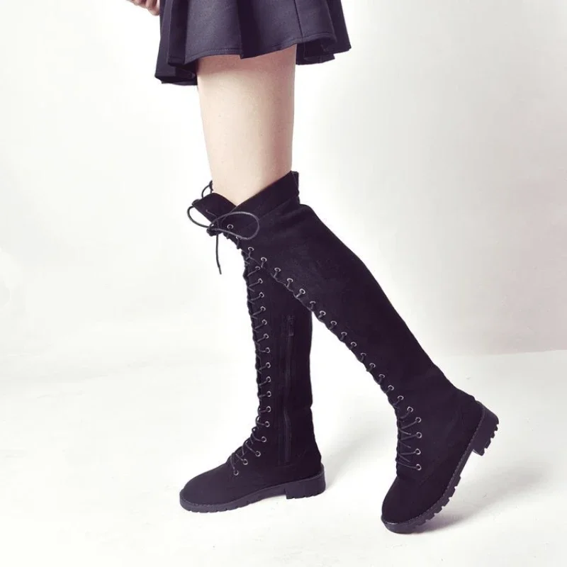 Sexy Thigh High Boots Women Western Over-the-knee Boots Rome Lace-up Low Heel Autumn Winter Boots Women Boots Shoes Plus Size