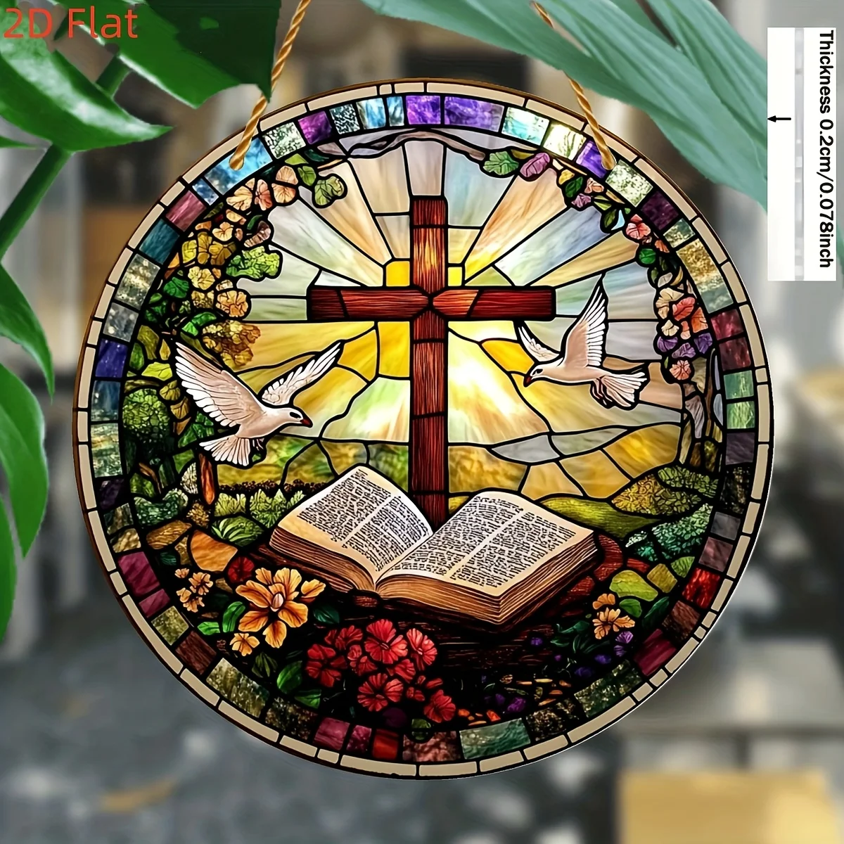 2D Flat, 2D Flat Crystal Sun Catcher with Cross and Dove - Religious Theme, Wall Hanging, No Electricity Needed, Ideal for Easte