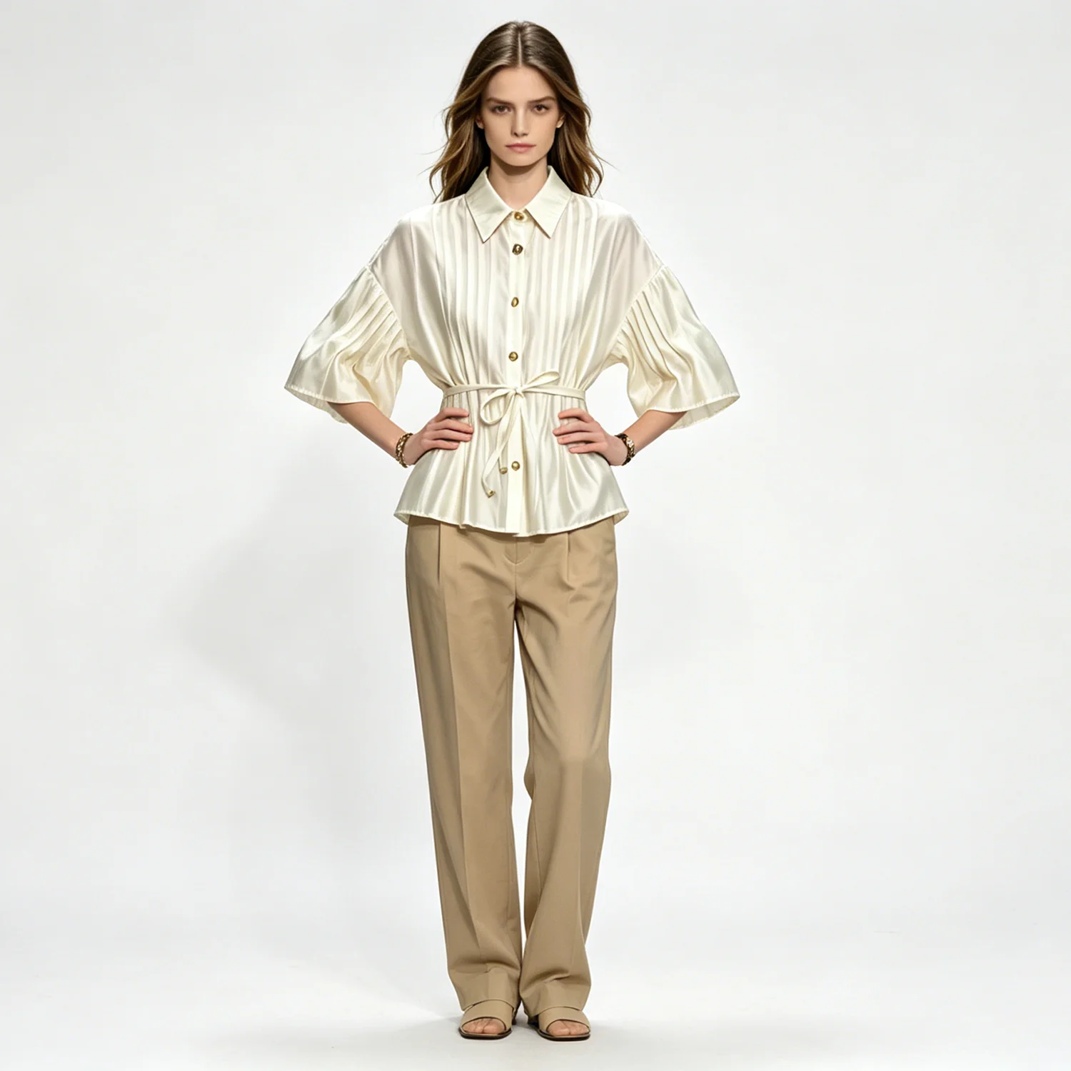 

LIMO 2026 New Women's Striped Shirt, Gold Button Belted Peplum Blouse, Elegant Office Casual Top