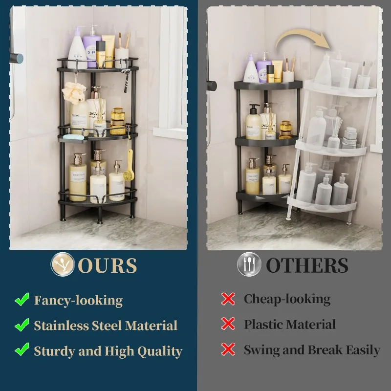 Corner Shower Caddy Stand - 3 Tier Organizer with Soap Holder, Standing Tall Floor Adjustable Feet & 4 Hooks, Shelf Rack Storage