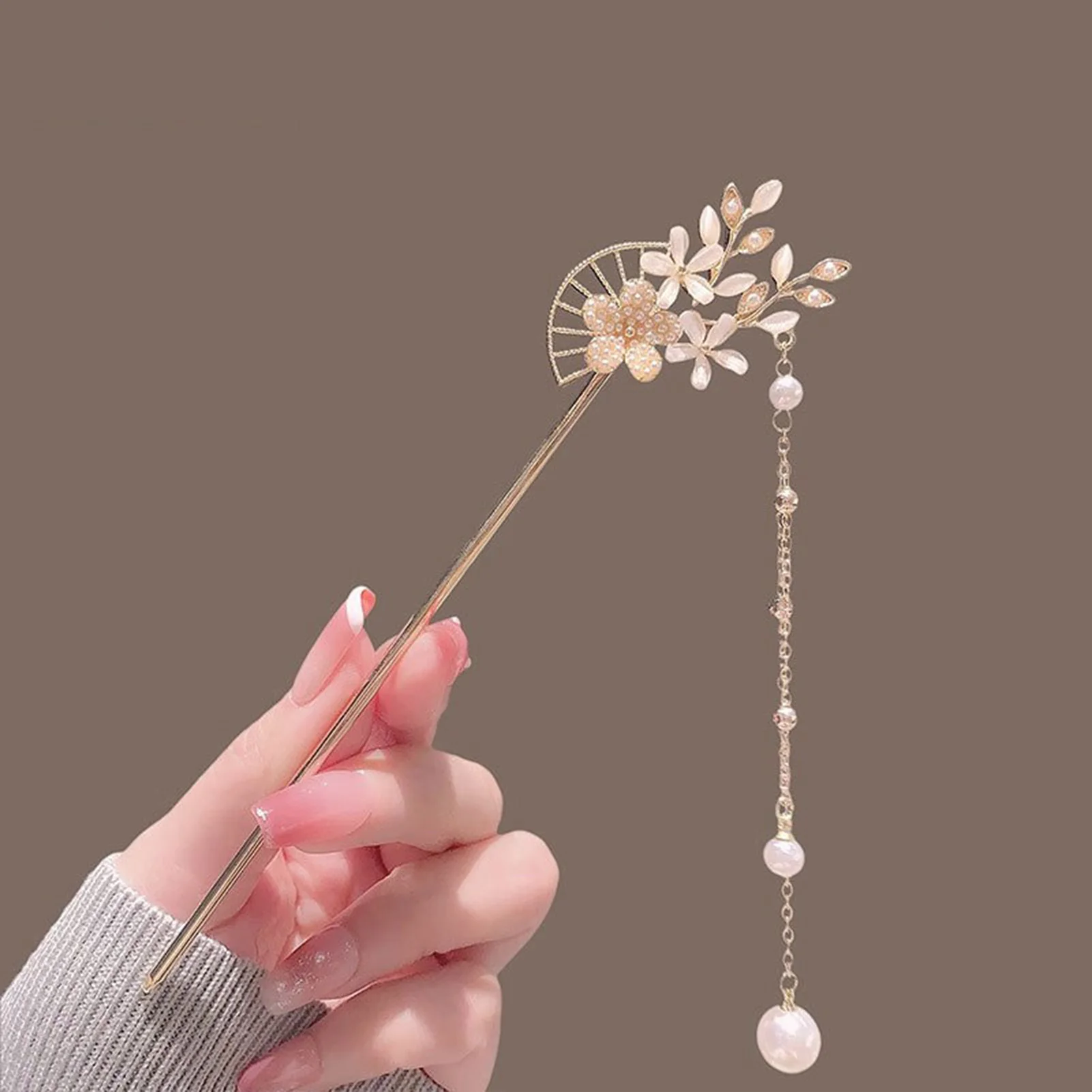 

Peach Blossom Flower Fan Hairpins with Tassel wedding Hair Styling Stick Floral Hair Decorations for women bride