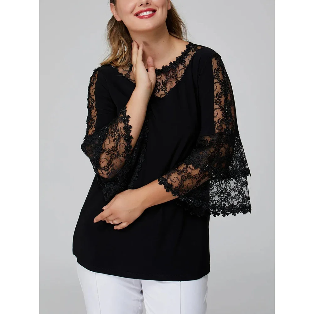 

Plus Size Lace Patchwork Women's Elegant T-Shirts Ruffle Round Neck 3/4 Bell Sleeve Summer Solid Office Ladies Loose Casual Tees