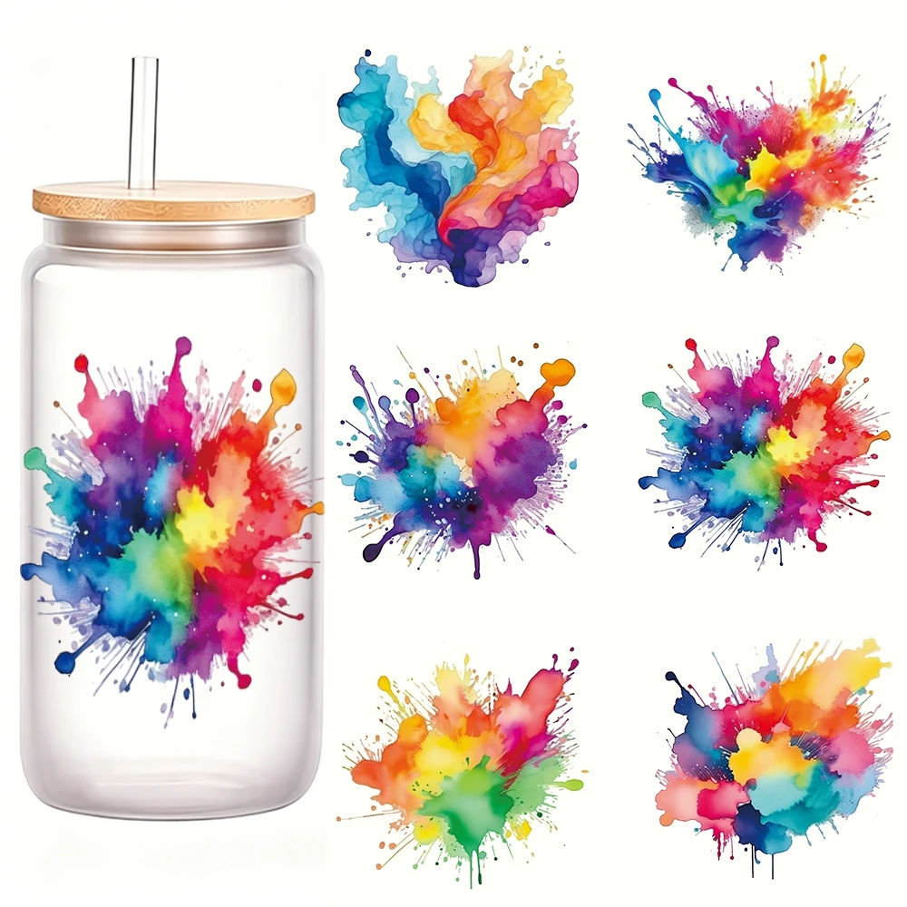 6 pegatinas DTF UV de tazas con efecto de salpicadura de acuarela, calcomanías DTF de vidrio con salpicaduras de acuarela coloridas, papel de transferencia impermeable