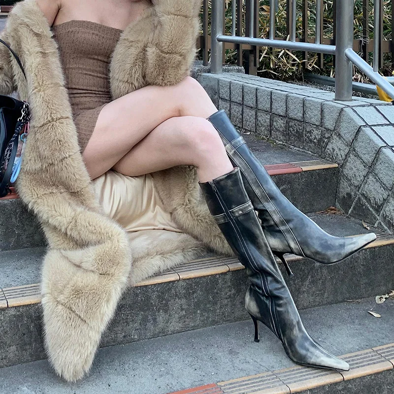 

Slimming Long Tube Boots Pointed Toe Knight Boot Cross Worn Color High Tube Western Boots Sharp Looking European Style Youth ...