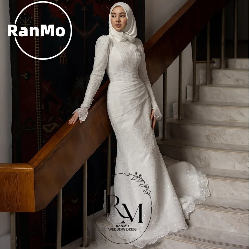 Abito da Sposa Ranmo Squisito Stile Sirena con Pizzo Scintillante, Maniche Lunghe, Plissettato, Vestito Nuziale Musulmano, Vestido de Novia Saudita 2026 con Strascico