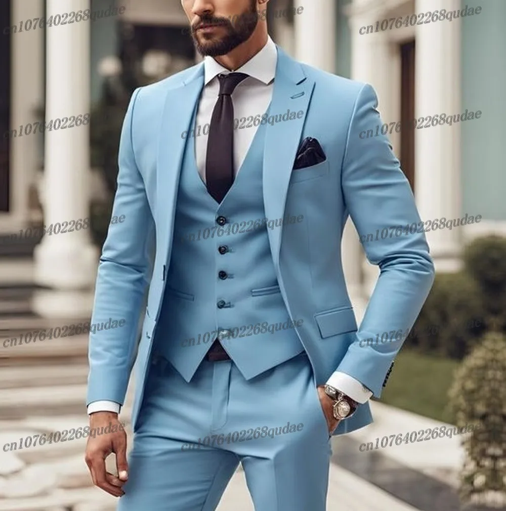 Nuovo vestito da uomo blu cielo festa di nozze abiti da sposo groomsman smoking maschile costume da sposo set da 3 pezzi blazer gilet pantaloni