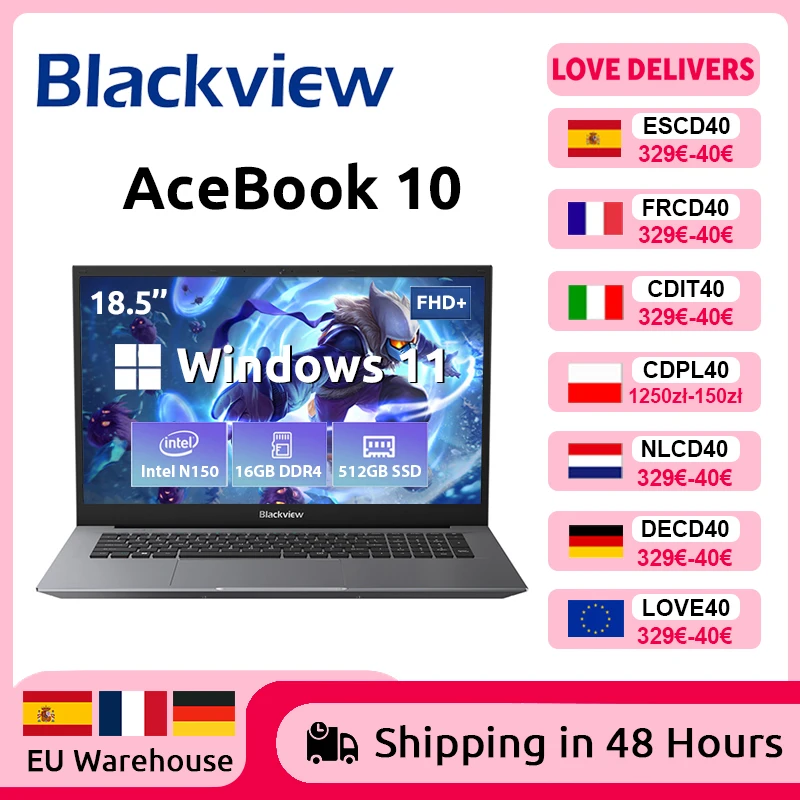 Laptop Blackview ACEBOOK 10, ekran 18.5 cali FHD, bateria 8000mAh, procesor Intel N150, Windows 11, 16GB RAM, 512GB, BT5.2, WiFi 6, komputer stacjonarny i przenośny.