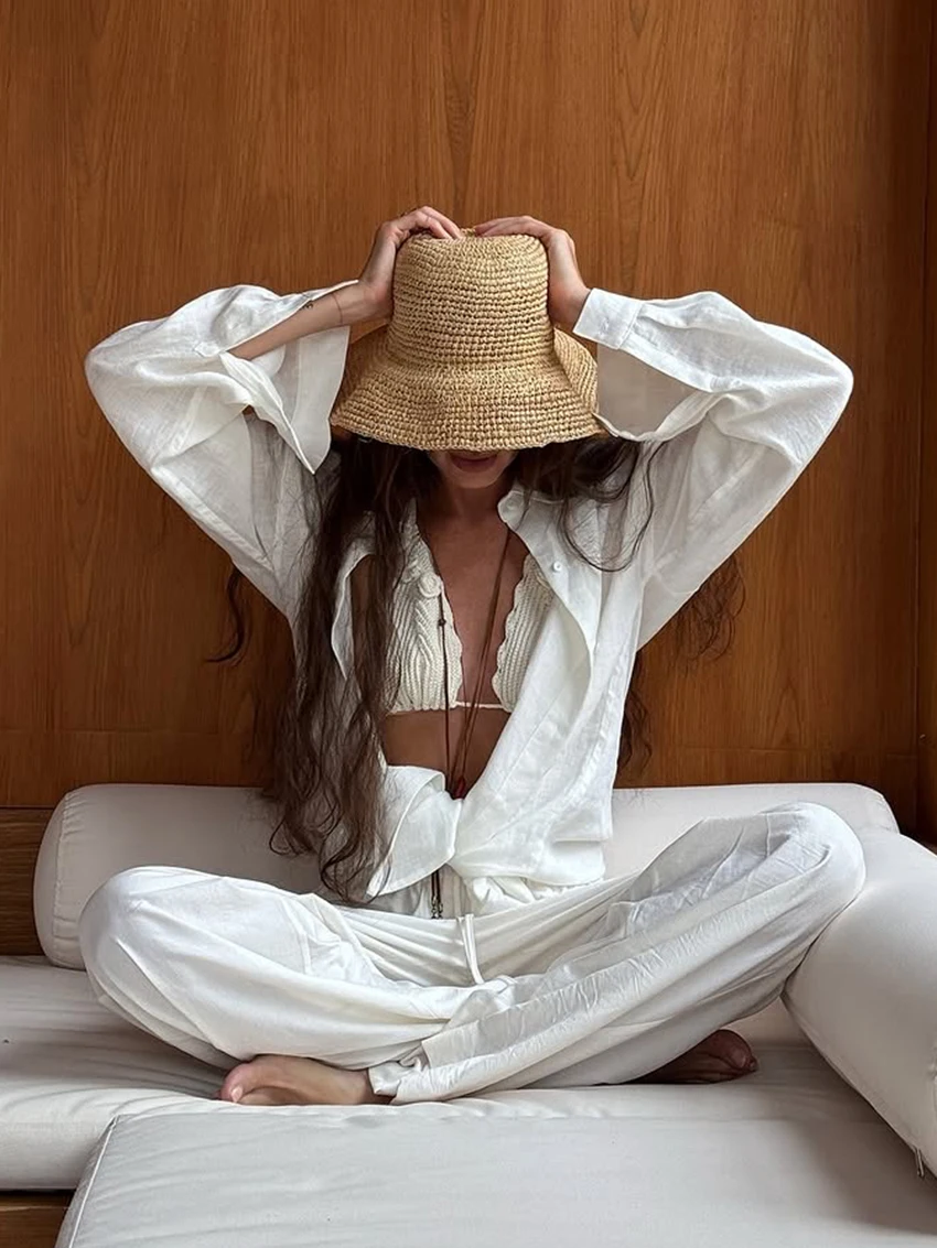 Marthaqiqi Cotton Female Sleepwear Suit Turn-Down Collar Pajamas Long Sleeve Nightgown Wide Leg Pants Causal Women Nightwear Set