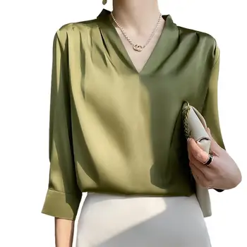 용수철 여성용 아이스 실크 블라우스, 우아한 여성 패션, 3/4 소매 아세트산 새틴 셔츠, 사무실 여성 블라우스, 6XL 블라우스 