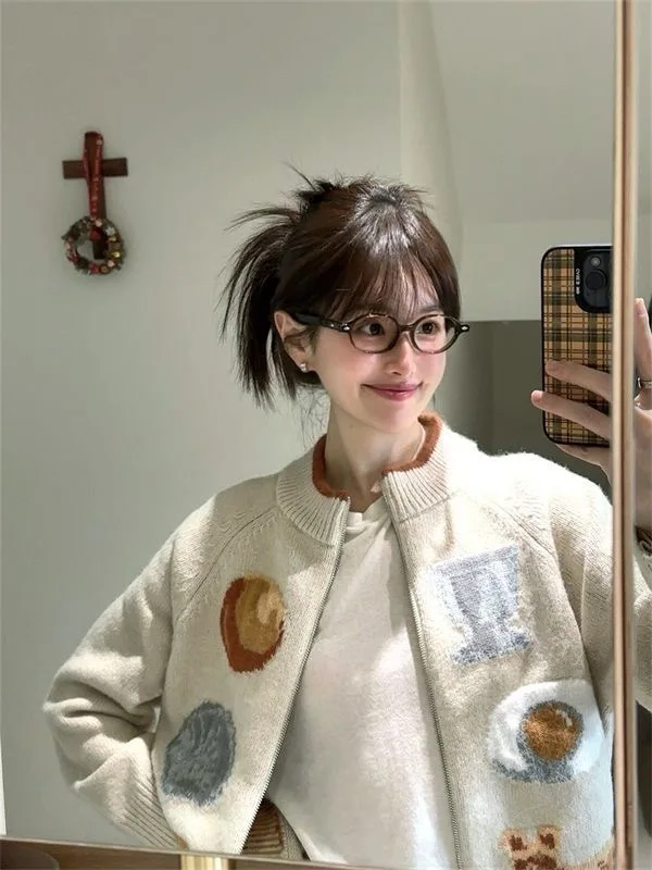 

Loose Knitted Cardigan Women's Autumn Winter Miu Sle Sweater Jaet Korean Zipper Embroidery Lazy Top College Faion