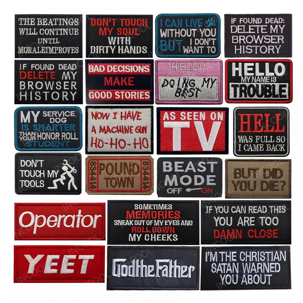 

Embroidery English Alphabet Motivational Phrases Biker Saying Funny Slogan Words Patches Appliqued Chevron Strip Badges
