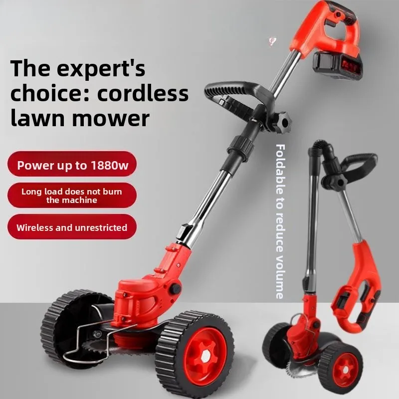 Foldable Wireless Electric Lawn Mower, Household Wheeled Handheld Lithium Lawn Mower with 1 Battery & 1 Charger