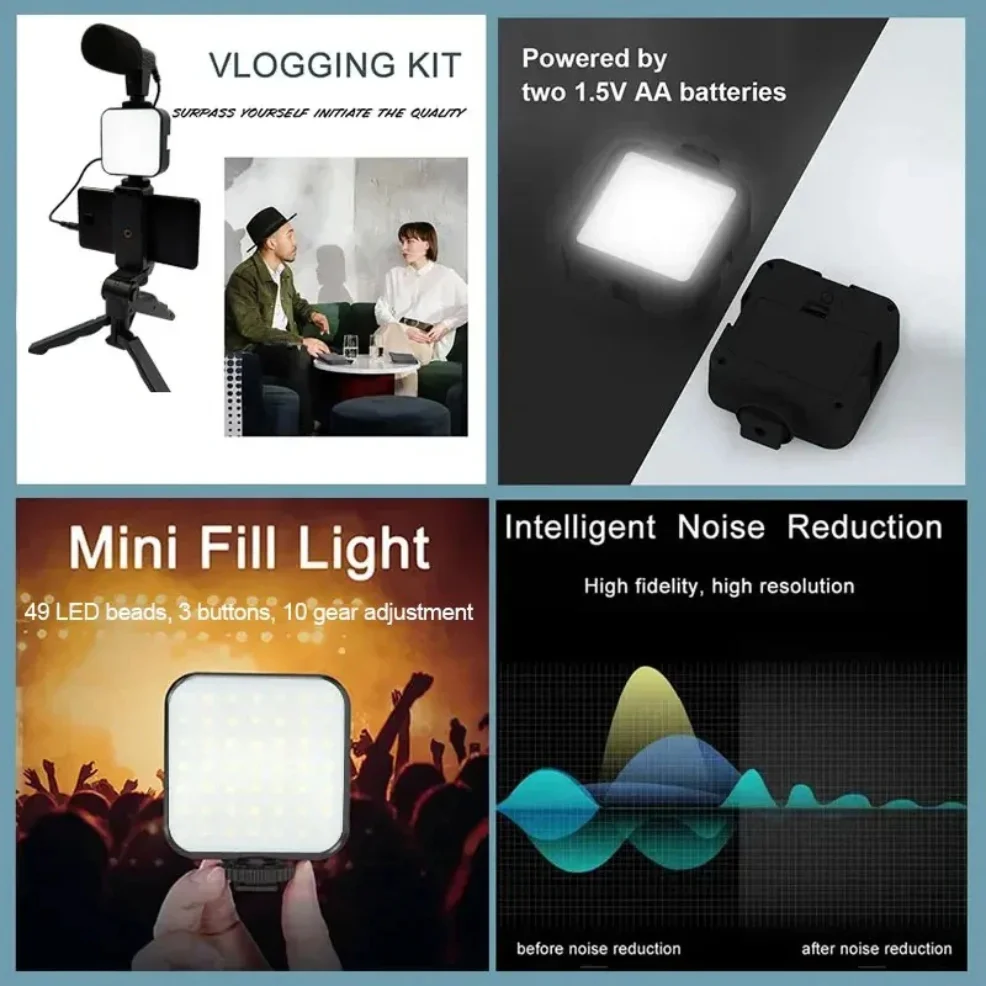 Smartphone Vlogging Kit With Tripod Phone Holder Mini Microphone Fill Light Starter Handle Portable Stabilizer Bracket