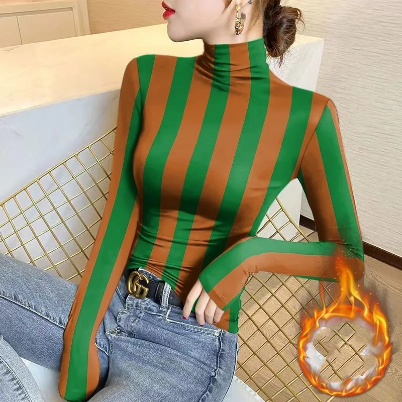 Women's Thin Half High Neck Underlay 2023 Autumn and Winter New Fashion Striped Printed Long Sleeve Pullover T-shirt Slim Tops