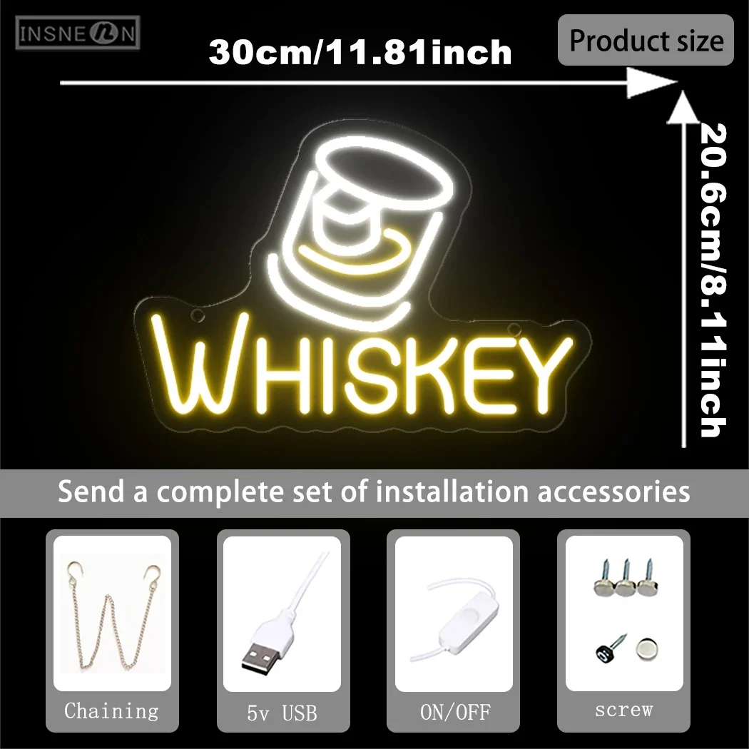 Whiskey Bar Neon Signs Led Light Home Bars Party Restaurant Beer Drink Cafe Bistro Club Room Hanging Wall Decor Sign USB Lamp