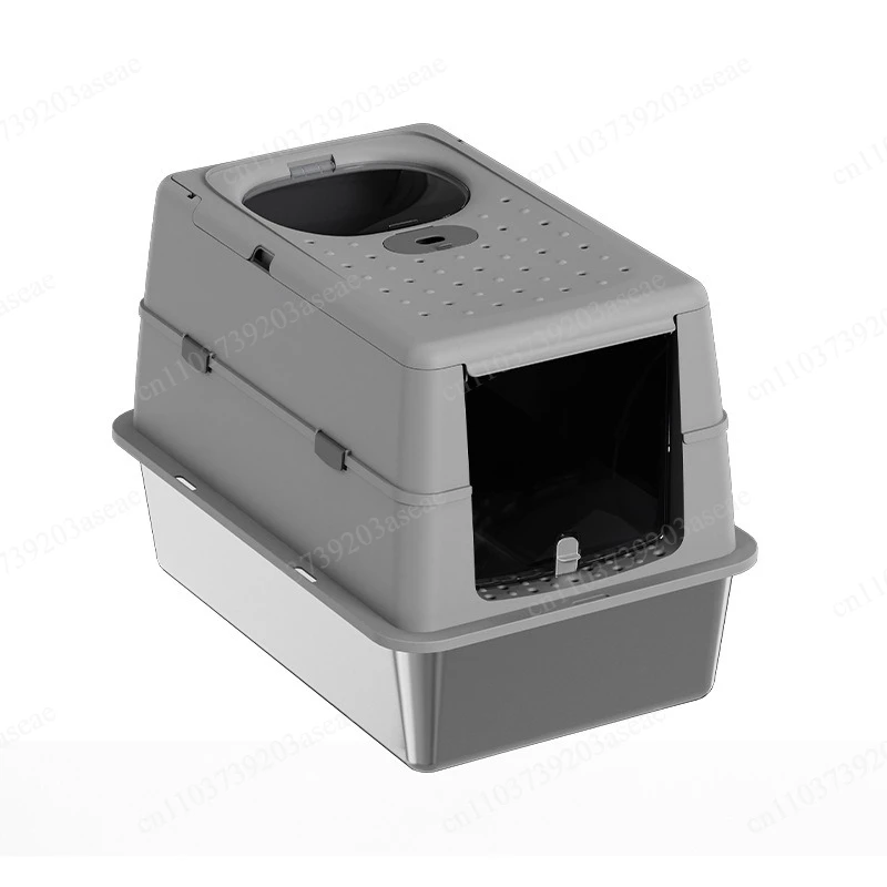 Fully enclosed stainless steel cat litter box, oversized high fence, closed flip-off model, splash-proof and take-out cat toilet