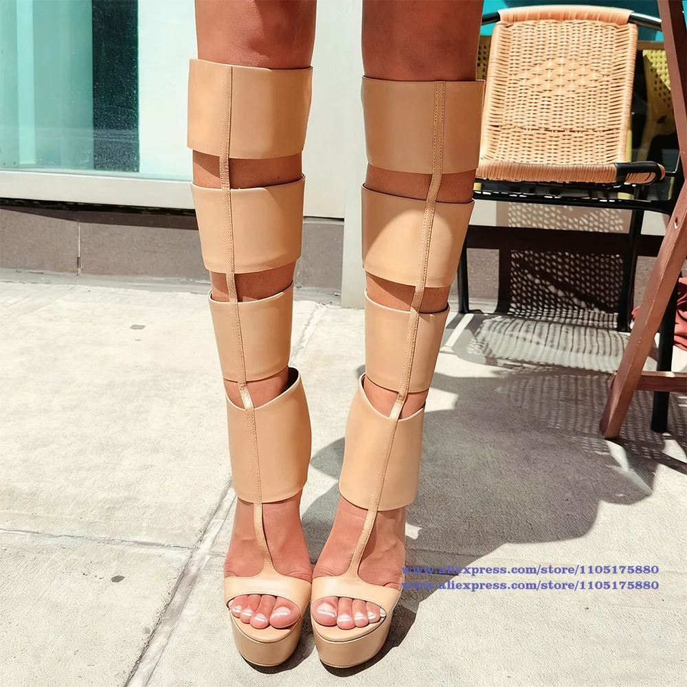 

Cut Outs Platform Stiletto Heels Sandals Boots Back Zipper Caged Knee High T-Strap Gladiator Women Sandalias De Mujer Verano