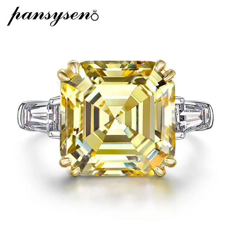 

PANSYSEN 100% 925 Sterling Silver 12*12MM Asscher Cut Citrine Aquamarine Gemstone Ring 18K White Gold Plated Party Fine Jewelry