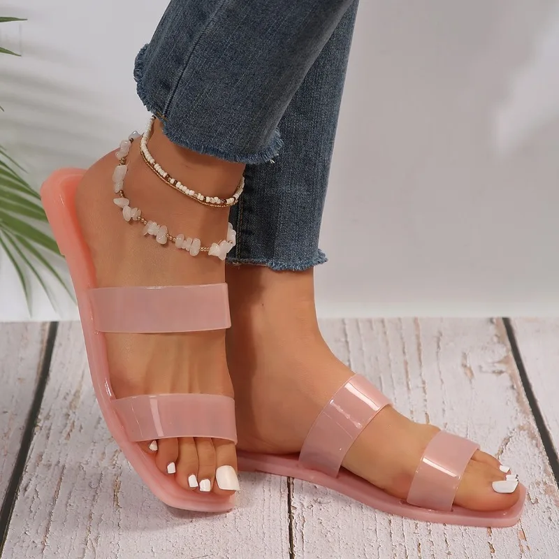 

Summer Clear Square Head One Word Women Sandals Open Toe Daily Flat Outside Slippers