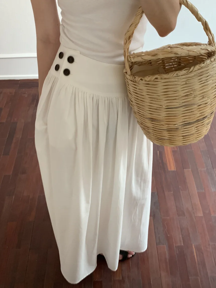 

Chic High Waist Side Button f Skirt Women's Loose Flared Slimming Pleated Vaion Sle Long Skirt Cotton Color