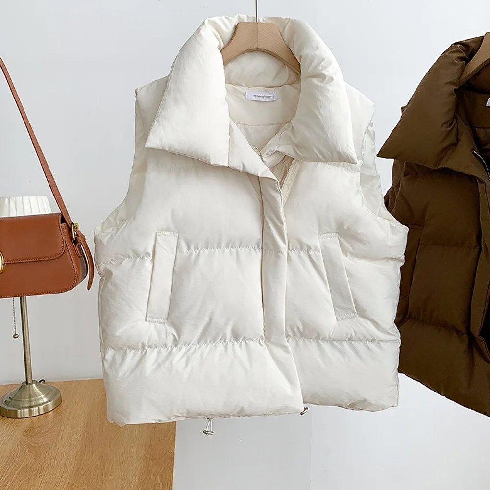 Winter Waistcoat Women Stand Up Collar Vest Versatile Solid Color Sleeveless Jacket