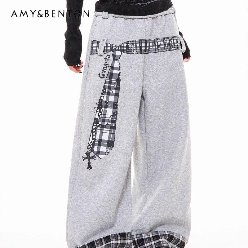 

2025 Autumn New Plaid Belt Printed Splicing Wide-Leg Women's Casual Pants Vintage Design Loose Versatile Long Trousers Ladies