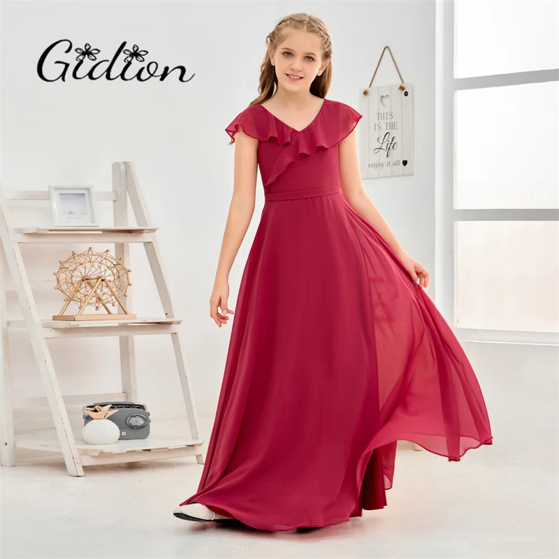 A-Line Chiffon Junior Bridesmaid Dress For Kids Graduation Celebration Wedding Ceremony Ball Evening Gown Birthday Party Prom