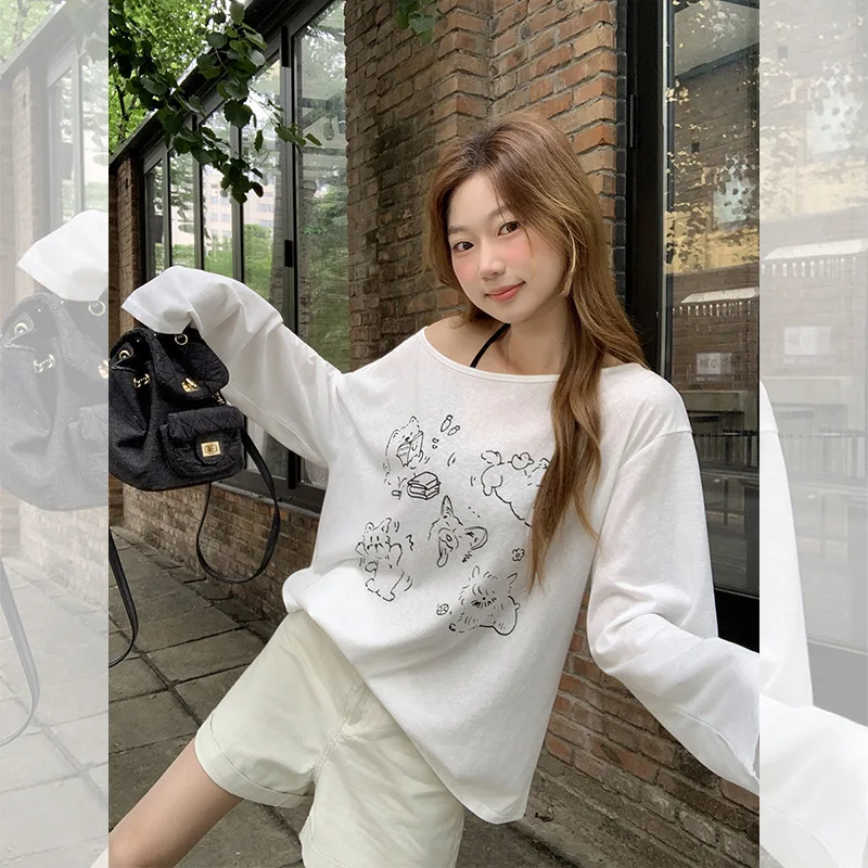 

Cute Puppy Lazy Off-Shoulder Sunscreen Cover-Up T-Shirt for Women Summer New Style Asymmetrical Large Neckline Thin Top Over