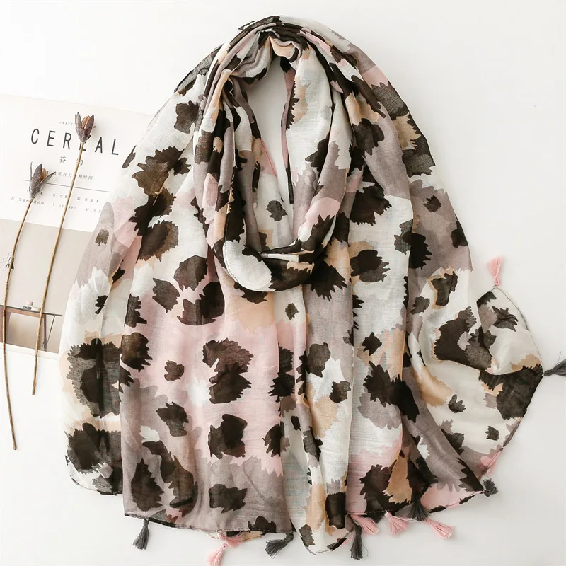 

Pink Leopard Print Women Viscose Scarf Summer Beach Shawl Cotton Linen Feeling Tassel Floral Pashmina Muslim Hijab Wrap Lady