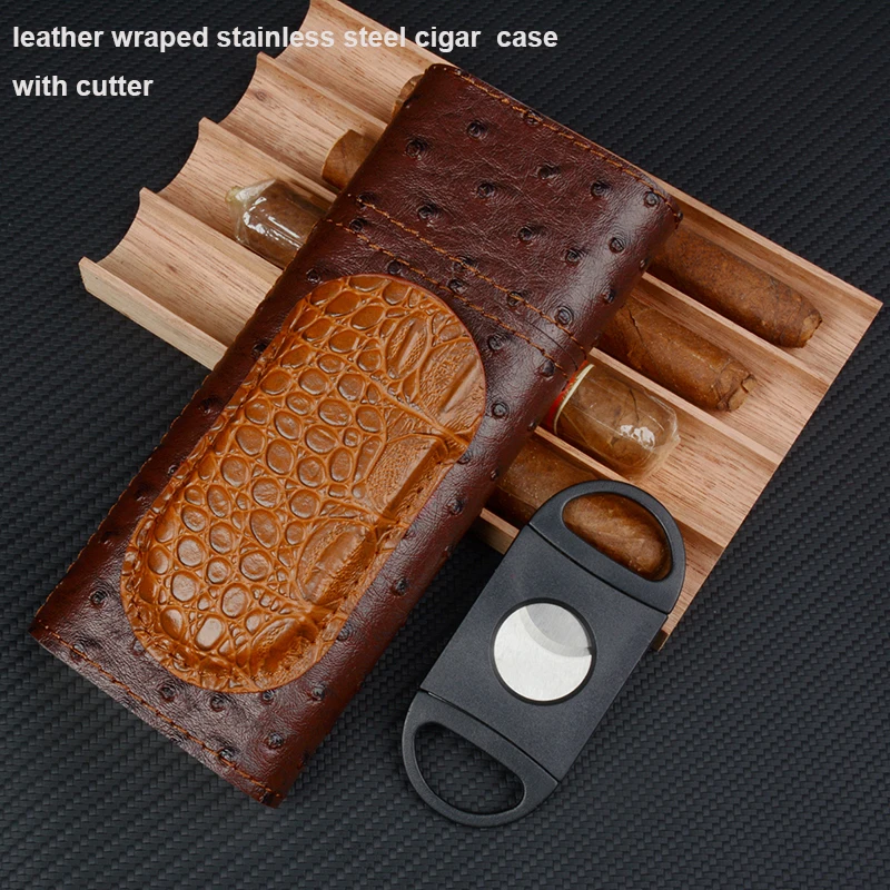 

Ostrich Pattern Cigar Case Leather Cigar Holder Stainless Steel Cigar Tube Mini Cigar Box Travel Cigar Humidor With Cutter