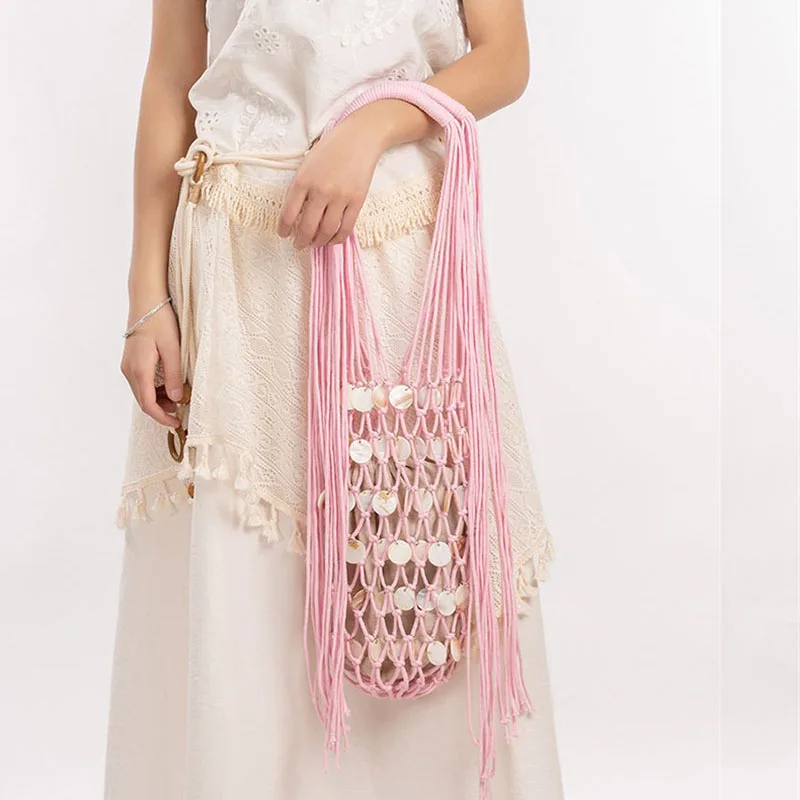 WGSTART Casual New Handmade Shell Bag Woven Bucket Tassel Embroidery Hobo Shoulder Wooden Handle Handbag Evening Clutch Bag