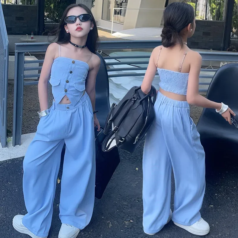 Girls Suits Summer Set 2024 New Style Fashionable Suspenders Big Children Thin Loose Wide-leg Pants Two-piece Set Clothes