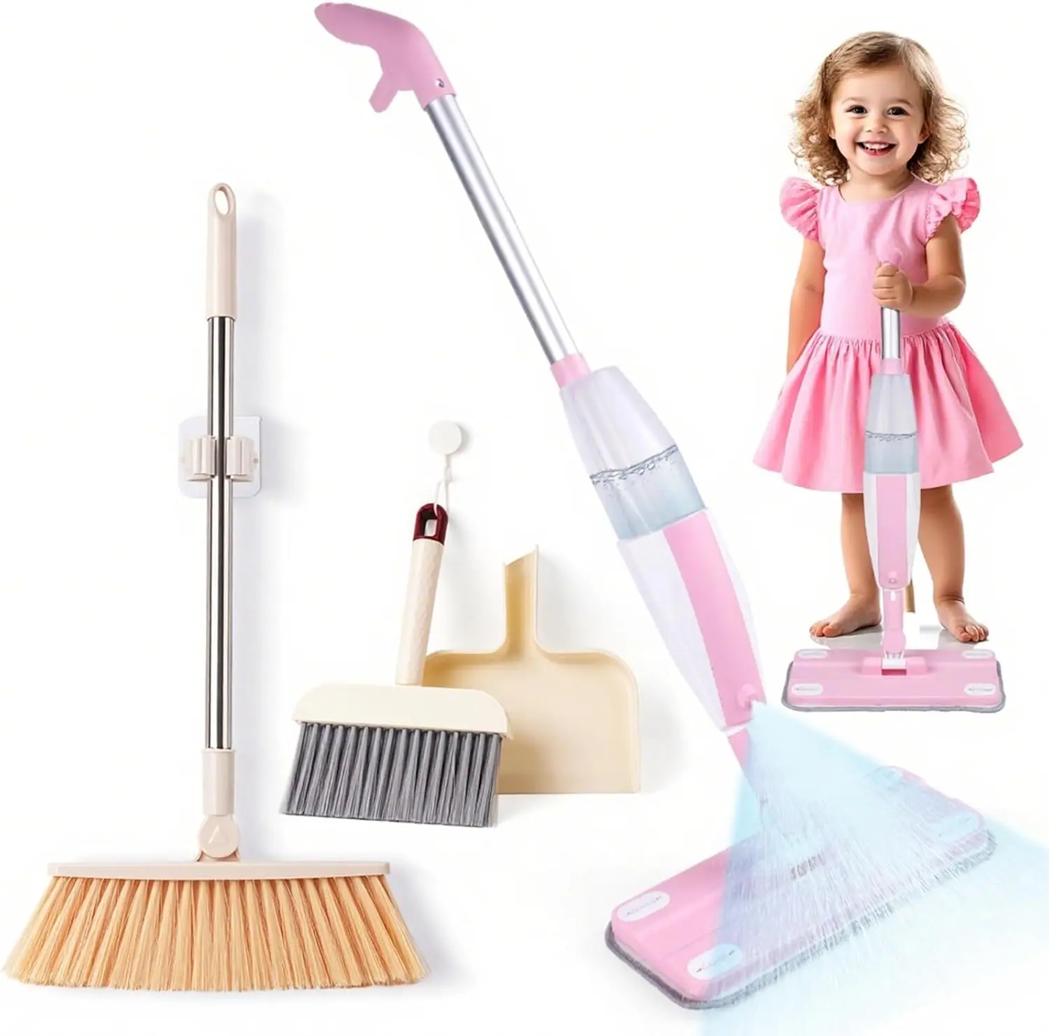 

Kids Spray Mop Set with Working Spray Bottle, Real Mini Mop and Broom Dustpan for Pretend Play and Light Cleaning - Pink