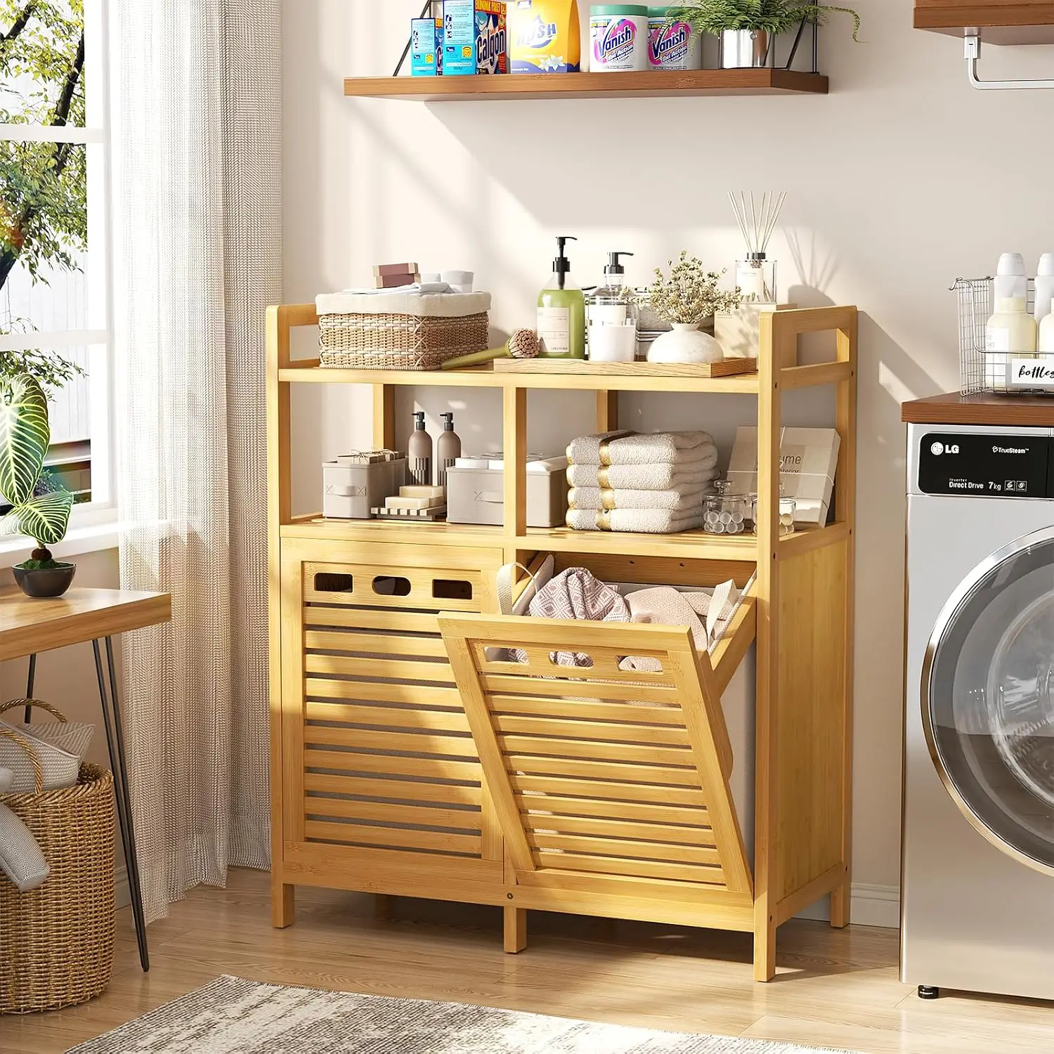 Tilt Out Bamboo Double Laundry Hamper Storage Cabinet with 2 Removable Baskets, 20 Gallon Clothes Sorter Organizer with Top Shelf for Bathroom Laundry Room Natural Wood Tone view 3