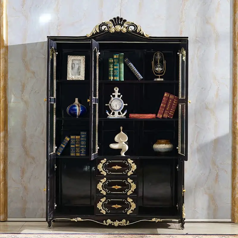 Libreria europea in legno massello porta in vetro con nastro color legno di sandalo nero Studio di lusso leggero americano tre porte quattro porte multi-