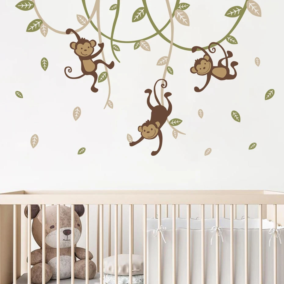 Boho Monkey Hanging on Branch Leaves Jungle Wall Sticker Nursery Vinyl Wall Decal Boys Baby Bedroom Playroom Interior Home Decor