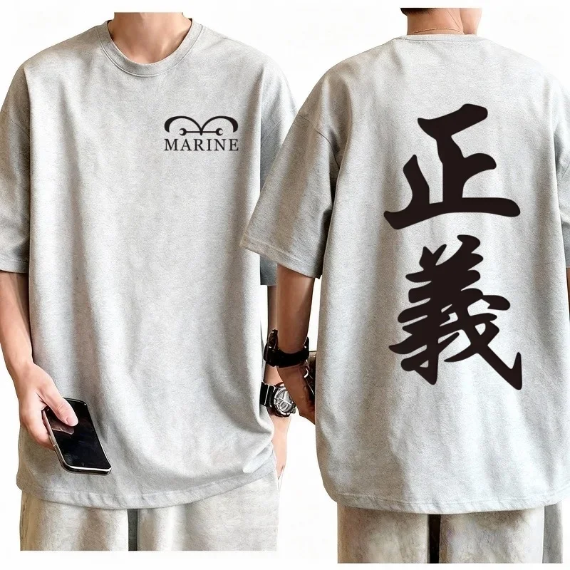 One Piece Marine Justice Kids T-shirt Men Oversized Cotton Anime Graphic Tee Casual Streetwear Logo Breathable Loose Fit Top