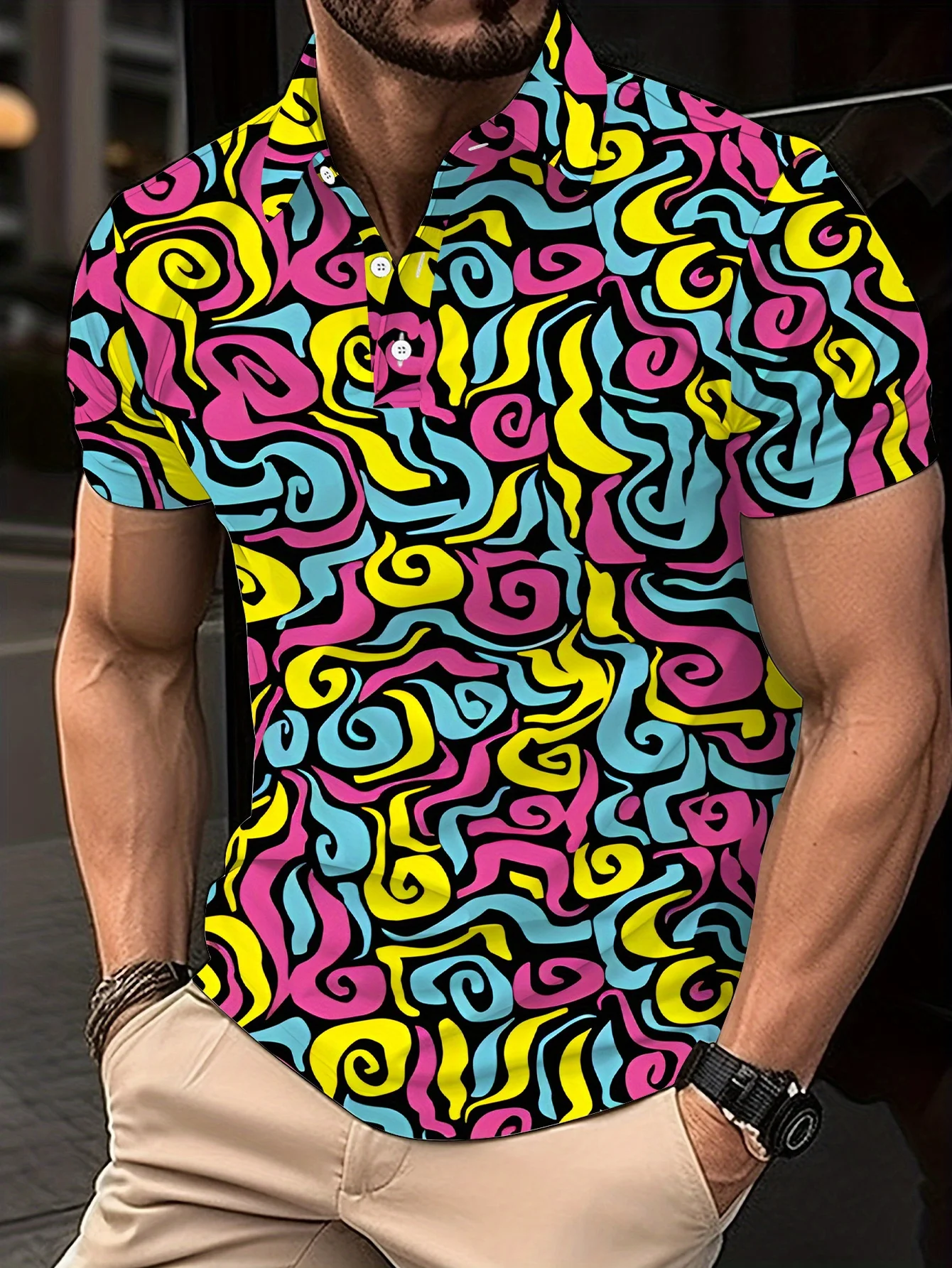 

Мужская модная рубашка-поло с принтом, без текстурной отделки, с коротким рукавом, в стиле Dopamine Splicing Color