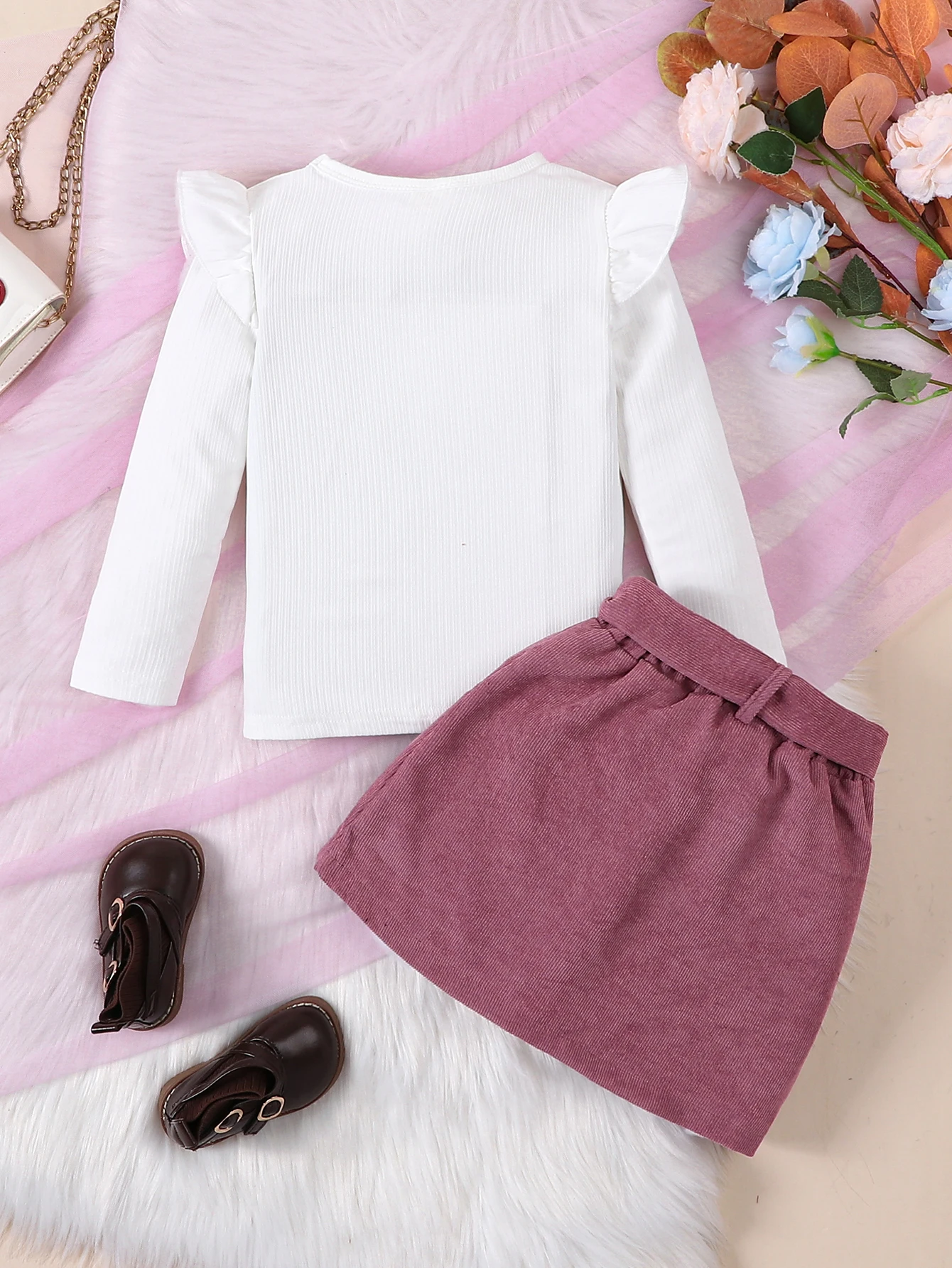 Two piece spring and autumn girl\'s white striped round neck long sleeved top+reddish brown fashionable casual skirt set