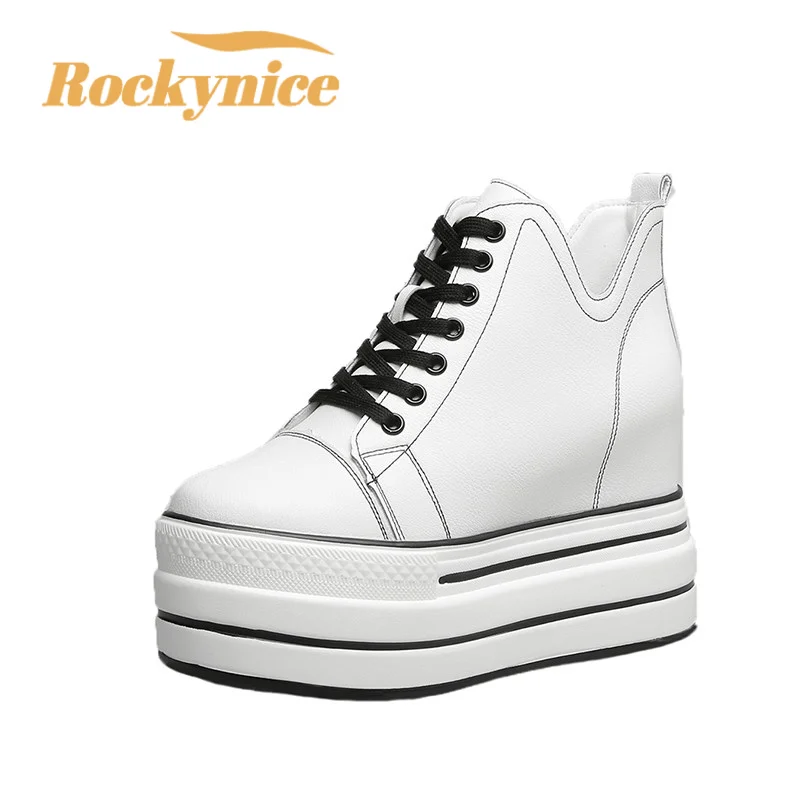 Women's Hidden Heels Vulcanize Shoes Autumn 2023 Lace Up Chunky High Platform Sneakers 9cm Height Increasing Leather Shoes Woman